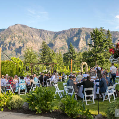 Wedding in progress, guests sitting