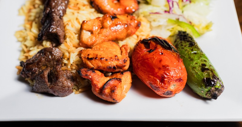 Chicken and Beef Kabob Plate, close-up