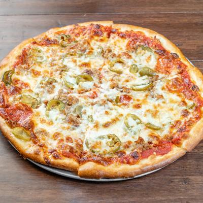 Pepperoni and sausage pizza topped with hot cherry peppers.