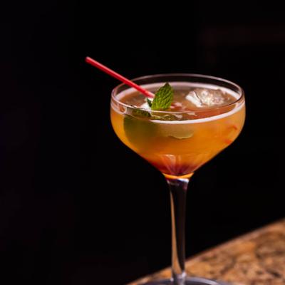 Craft cocktail in a coupe glass with mint garnish.