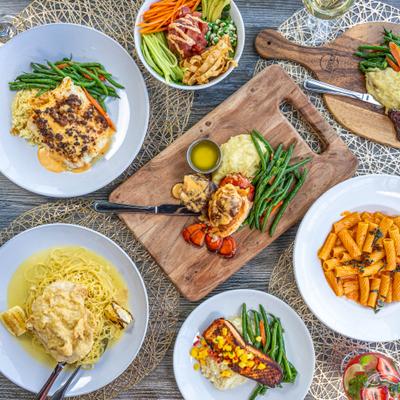 Various dishes served, top view.