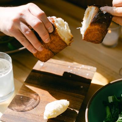 Heidi's bread with cultured butter. Japanese milk bread from Mother Bakery. At Table Asheville..