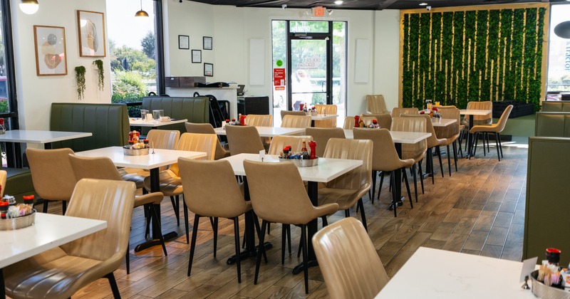 Interior, diner area, tables,chairs, wide view