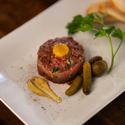 Close up of Steak tartare plate.