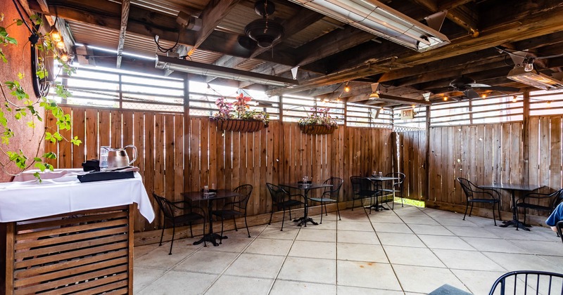 Interior of a covered patio, tables and seats