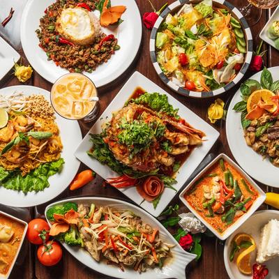 Assorted dishes displayed side by side on a table, overhead view.