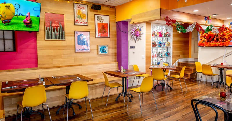 Cozy and colorful restaurant interior seating area