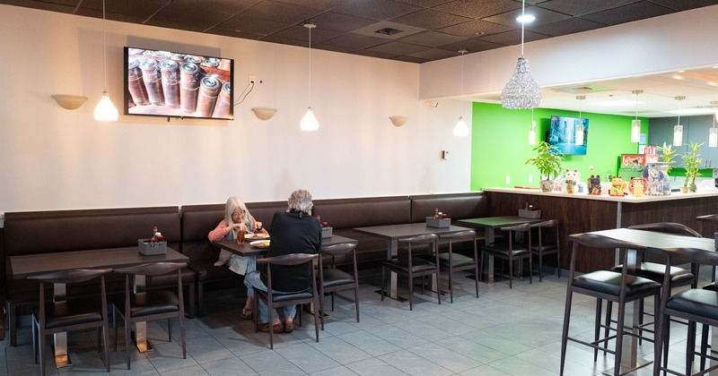 Interior, tables and chairs lined up