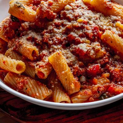 Rigatoni Bolognese pasta.