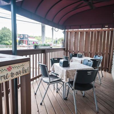 Exterior, covered terrace, seating area.