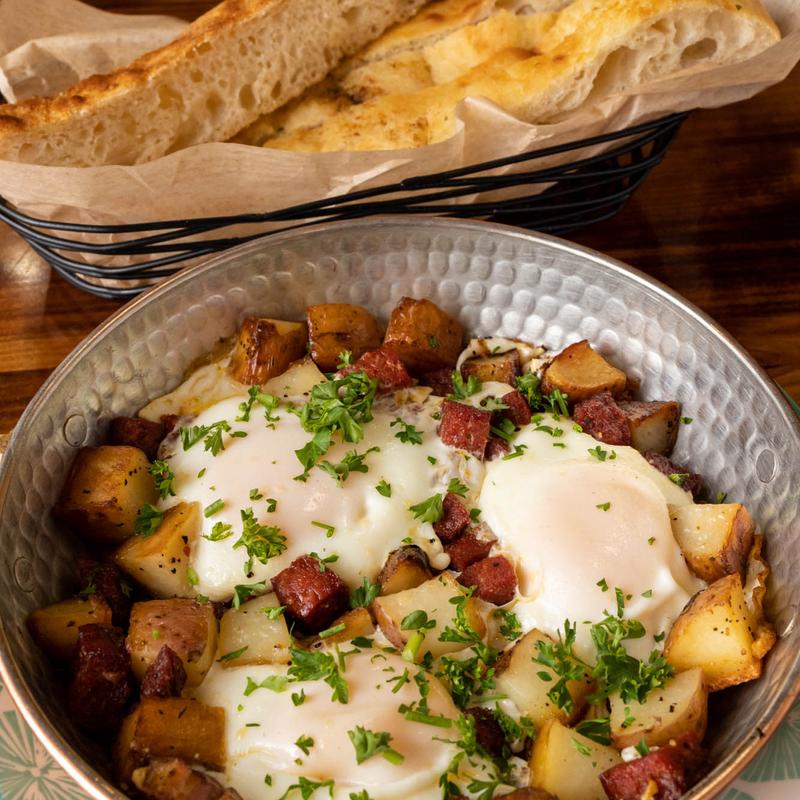 Potato and Meat Sunny Side Up Eggs photo