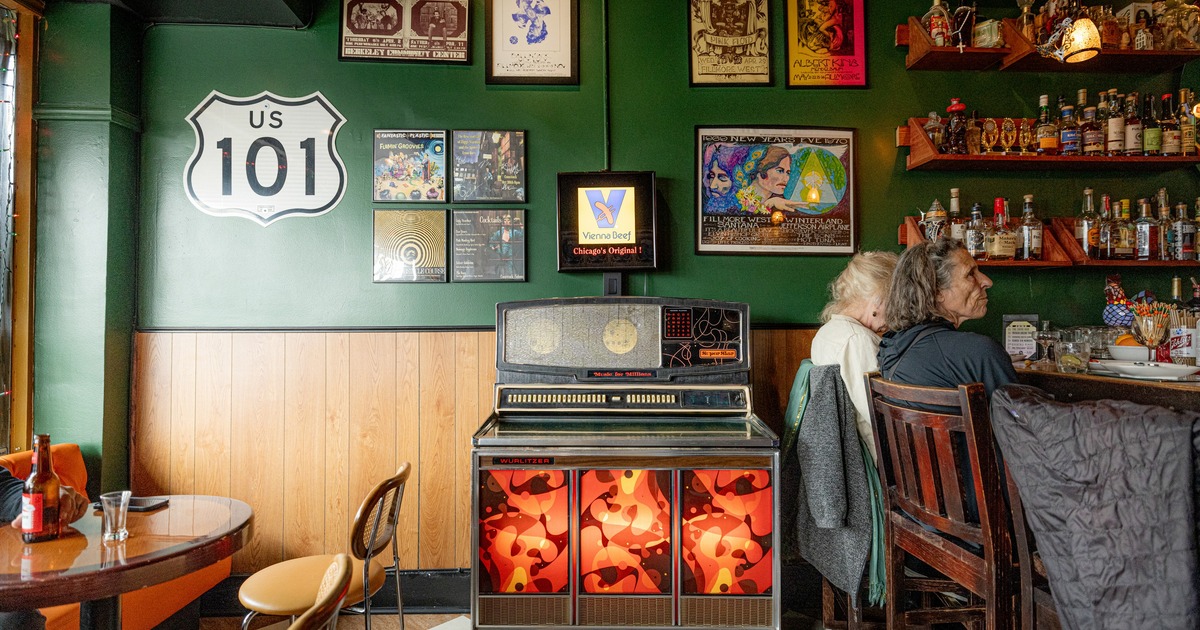 Interior, bar and seating area with jukebox