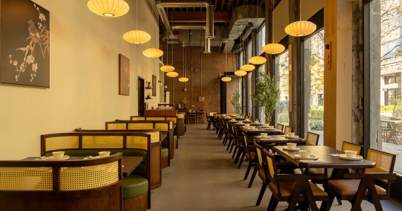 Interior, tables, chairs and seating booths lined up