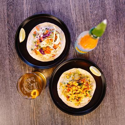 A top view of served meals and drinks.