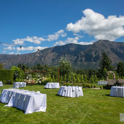 Restaurant garden with tables