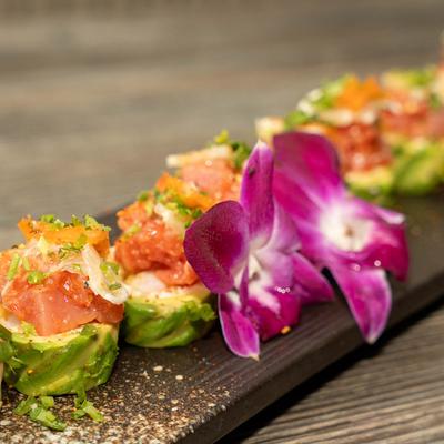 Crab, tuna, shrimp tempura and avocado rolls, closeup.