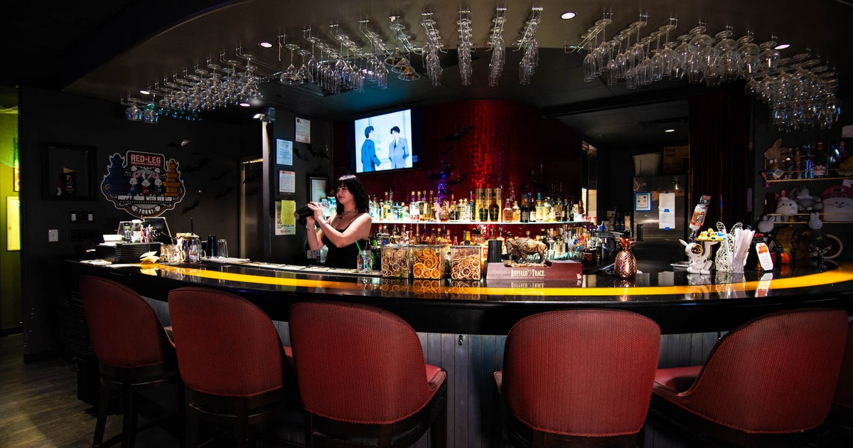 Bar area, red bar stools