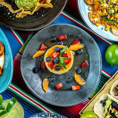 Various food dishes, top view.
