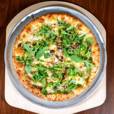 Wild Mushroom Funghi Tartufo pizza, top view.