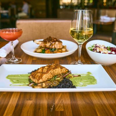 Various food and wine.