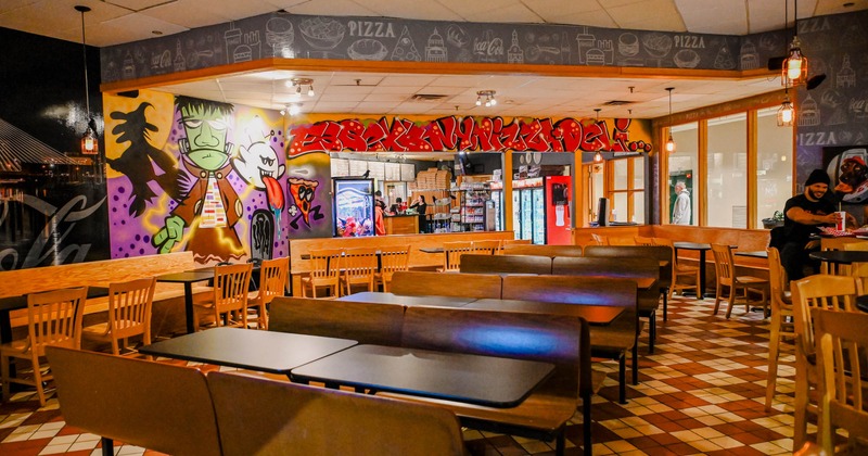 Diner area, tables and benches