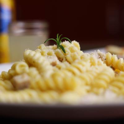 Plate of Chicken Alfredo pasta.