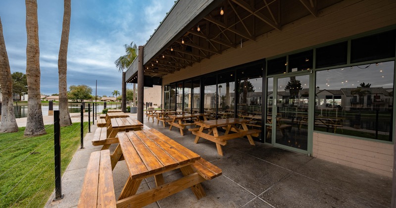 Exterior, seating area with long tables