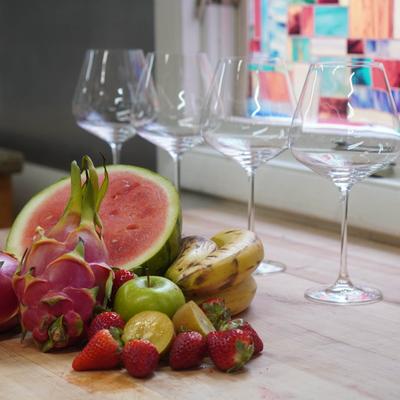 Fresh fruits and glasses for wine.