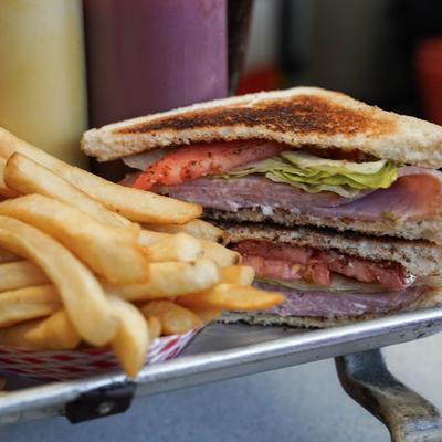 ham sandwich and french fries.