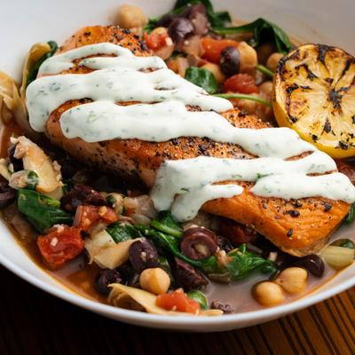 Salmon dish, closeup view.