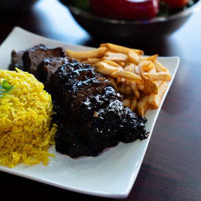 BBQ Short Ribs, with yellow rice and fries.