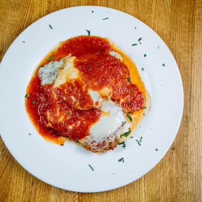Veal Parmigiana, top view.