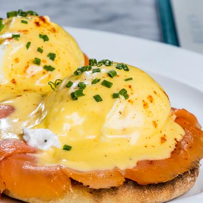 Eggs benedict with salmon.