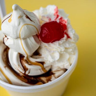 Ice cream sundae with whipped cream, maraschino cherry, chocolate and caramel sauce.
