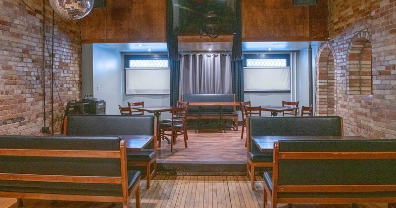 Interior space, seating area with tables and upholstered seats