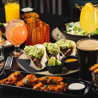 Assorted food and drinks.