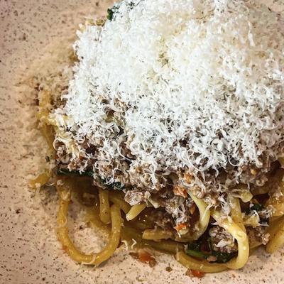 A closeup on spaghetti.