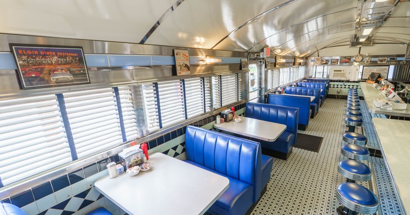 Interior dining area with double booths and tables