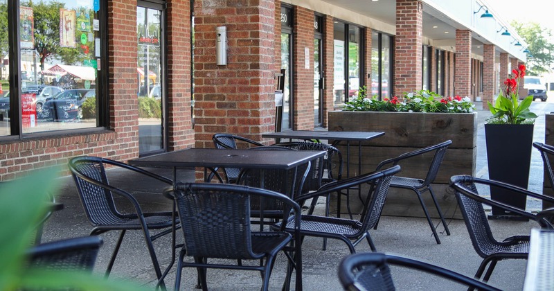 Covered patio, garden chairs and tables