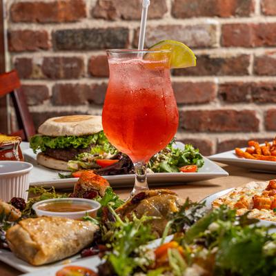 Various food and a cocktail.