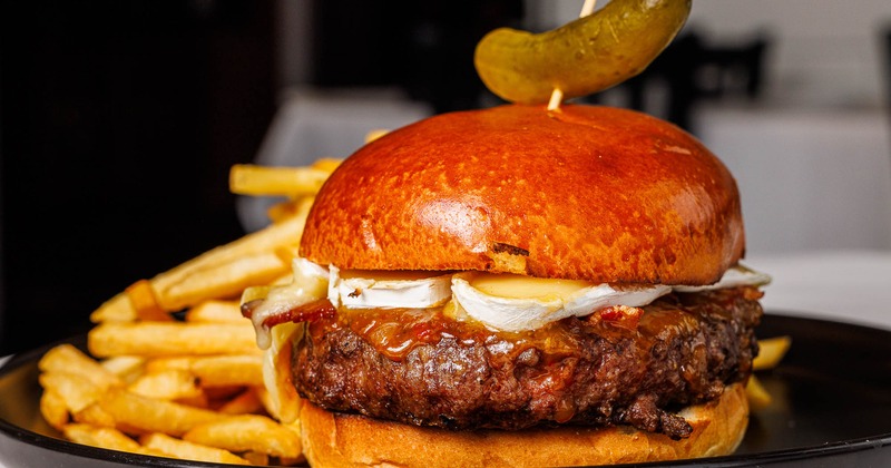 Bacon Brie Burger and fries