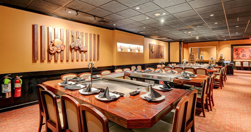 Interior, tappanyaki grill tables ready to receive guests