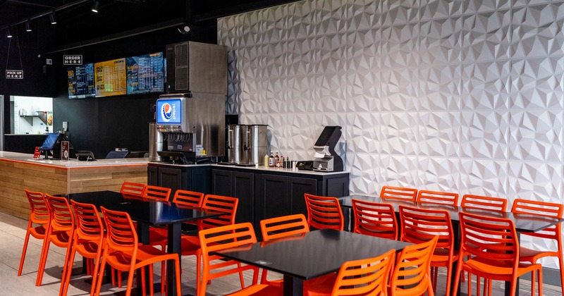 Interior, tables ready in the dining area