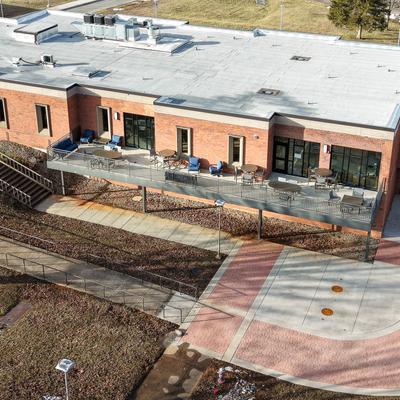 Restaurant's building with a large elevated patio area, aerial wiew.