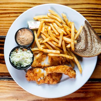 Wisconsin Fish Fry served with fries, coleslaw, dip and piece of bread.