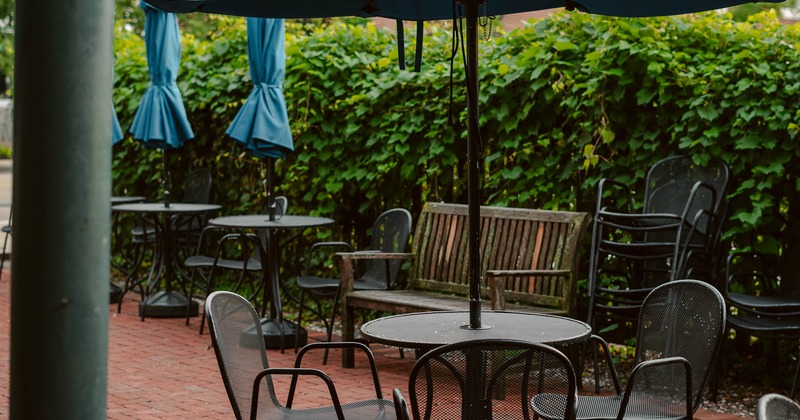 Exterior, patio, table, chairs, parasol