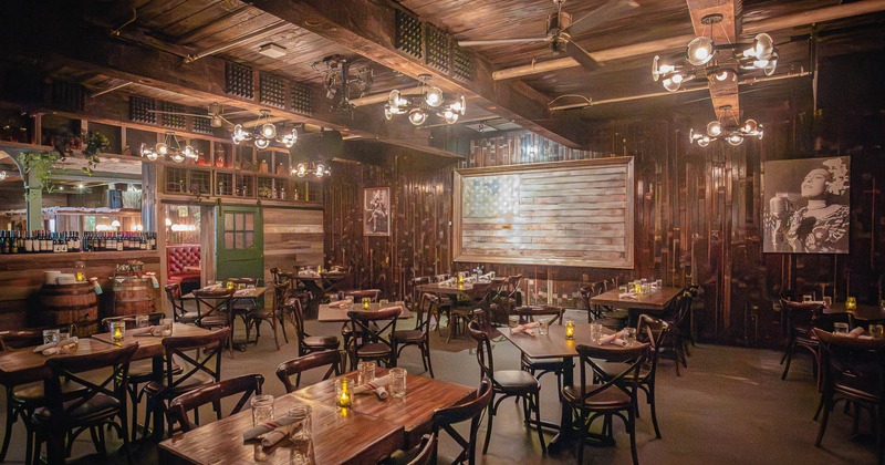 Interior, dining area with framed flag on the wall