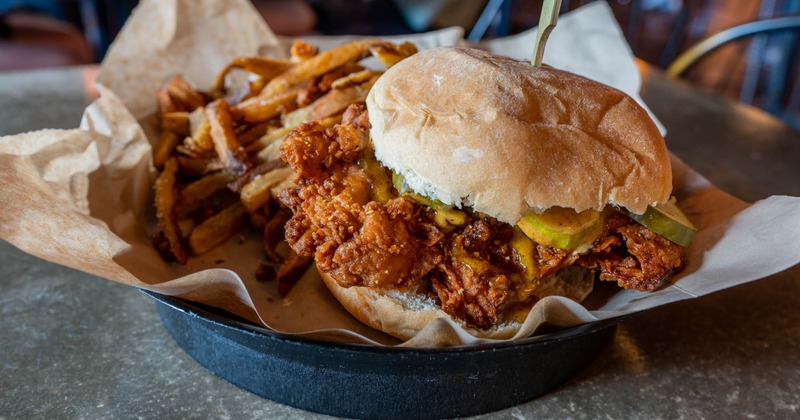 Nashville hot chicken sandwich , served with fries