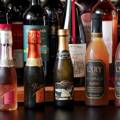 Assortment of bottled drinks.