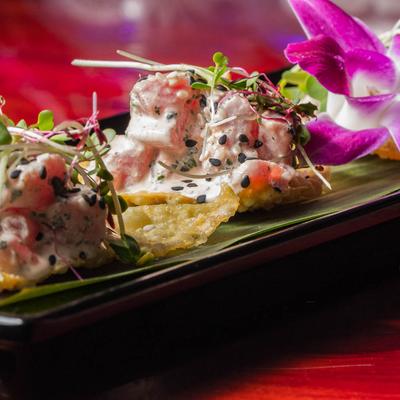 Ahi poke wontons, close up.